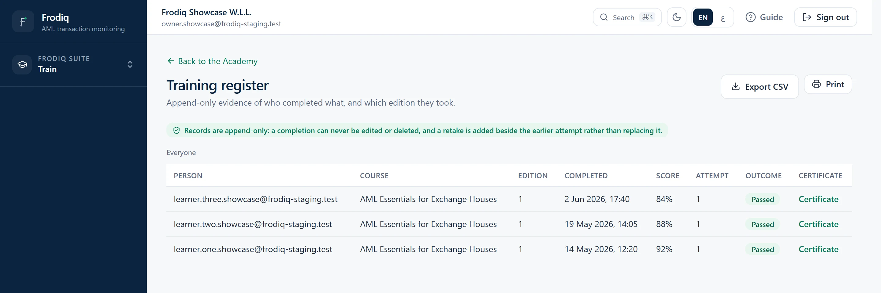 The training register showing completions with the course edition, completion date, score, attempt number and outcome for each person.
