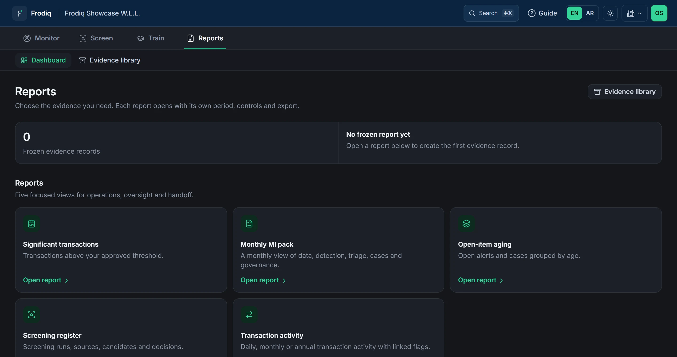 The Frodiq Reports workspace showing focused report choices and recent frozen evidence.