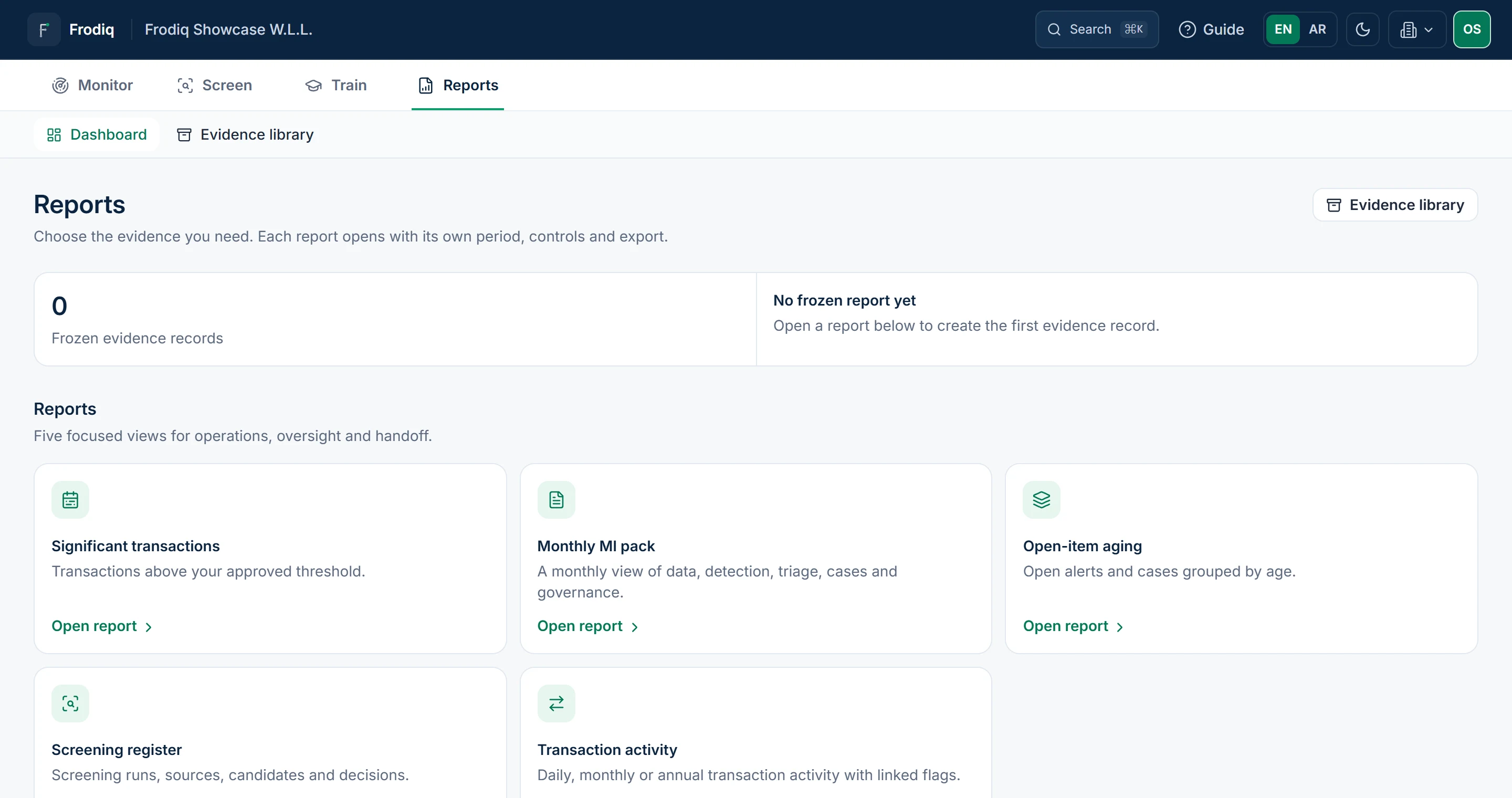 The Frodiq Reports workspace showing focused report choices and recent frozen evidence.